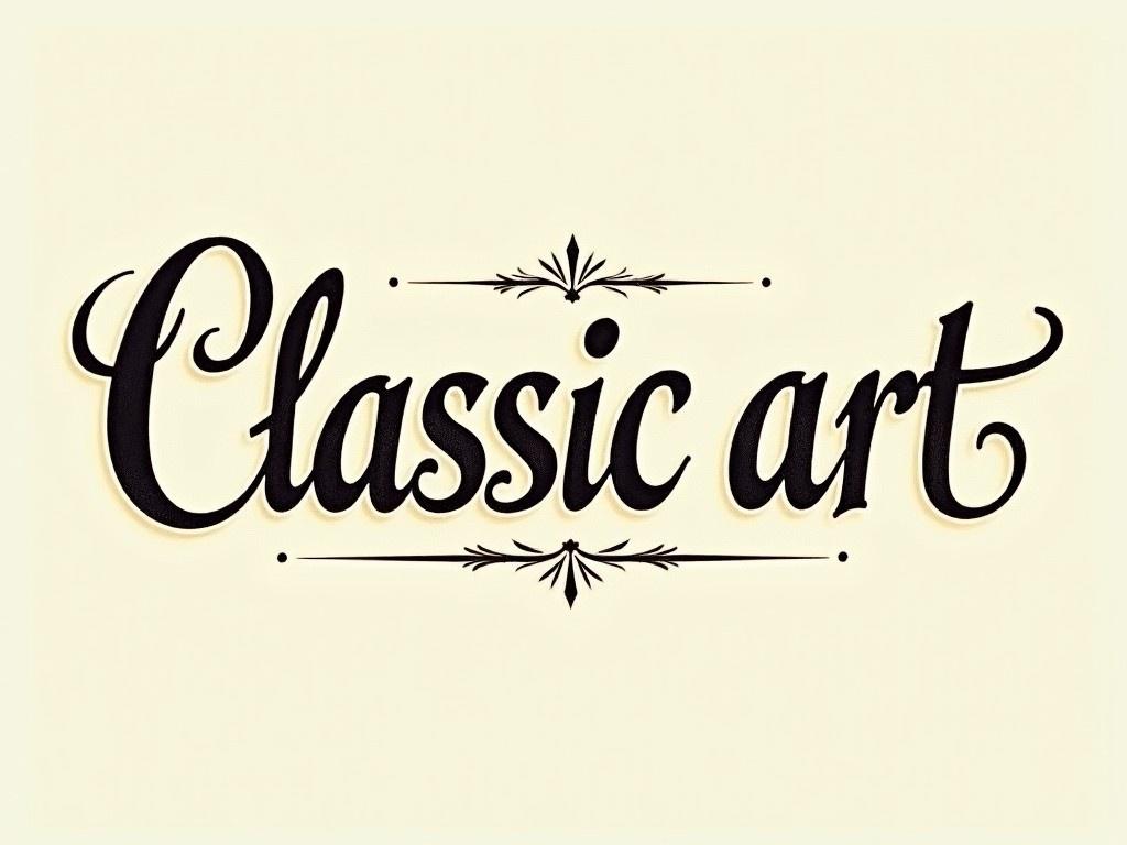 The image features the words 'Classic art' written in an ornate, hand-written calligraphy style. This design highlights the beauty of artistic lettering with intricate flourishes. The color scheme combines black text against a soft beige background. The composition focuses on the elegance and sophistication of the text. It serves as an eye-catching representation of classic art, suitable for various artistic contexts.