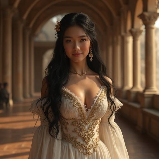 Adult woman in elegant noble garments. Long straight black hair with golden ornament. Gentle smile and smooth skin. Stylish gown with translucent materials and ornate embroidery. Standing in a grand dining hall with candlelight. Soft magical lighting creates an otherworldly atmosphere.