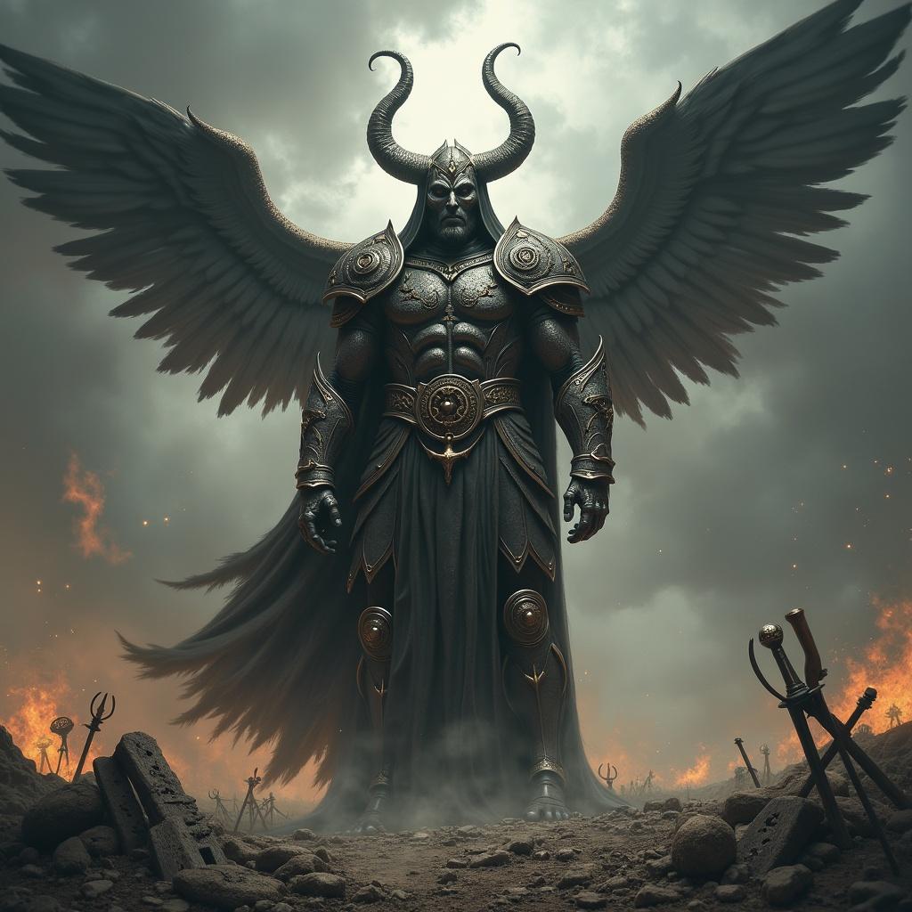 Apollyon figure with wings and armor stands in a dramatic pose. Fiery background creates a powerful atmosphere. Earthy elements scattered around.