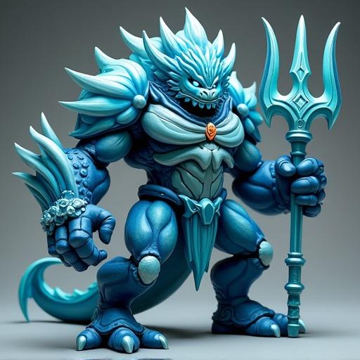 Design a fantasy cartoon-style monster toy inspired by early 2000s Italian collectible figures like first-generation Gormiti. Create a towering armored figure with smooth, wave-like textures and a removable extendable trident featuring glowing blue tribal symbols and a reflective silver tip integrated into his trident-shaped crown. His face is a coral-encrusted mask with glowing blue slits for eyes, paired with fin-like appendages and a seashell chest emblem. Use a palette of deep blue, turquoise, silver, and translucent aqua with hard plastic textures and bold outlines. Reference cartoon action figure aesthetics for the weapon’s dynamic design.