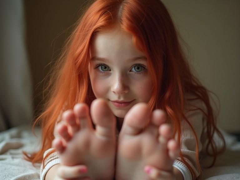 Girl with red hair lying on a surface inspecting her feet. She has a thoughtful expression and a relaxed posture. The setting features soft, natural light with neutral tones around her.