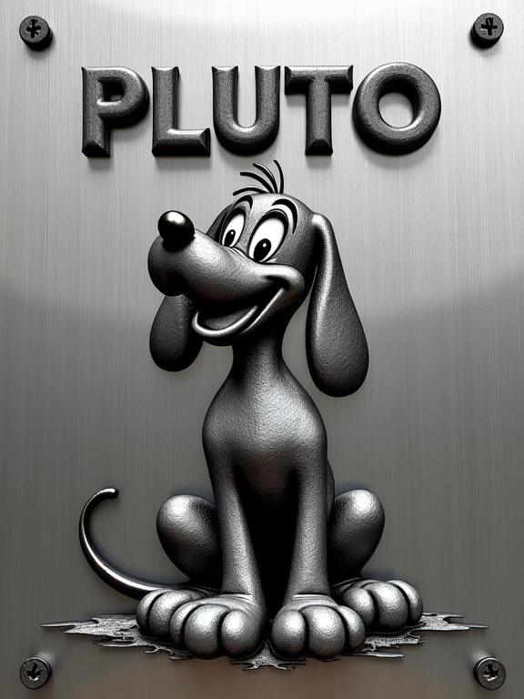 High-relief engraving on a polished steel plate shows a whimsical character with a playful pose. Character has a tongue sticking out and a wagging tail. Details include textured fur and contour lines for a 3D effect. Above character, the name is in large, bold letters in raised relief. Background is smooth brushed steel with light gradients.