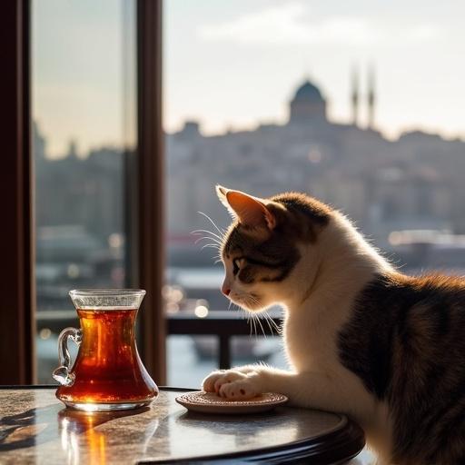 Turkish cat near a glass of tea against the backdrop of Istanbul with the Galata Tower visible. A cozy setting featuring a light-colored cat with striking patterns.