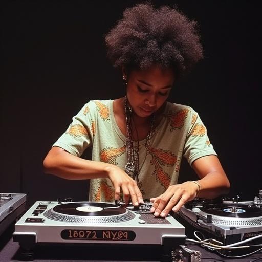 DJ Myra Lukwiya from Sudan performing rapid turntable tricks at the Ortofon World DJ Mixing Championships eliminations in 1992. Focus on DJ skills and passion for music. Setting highlights the excitement and energy of the performance.