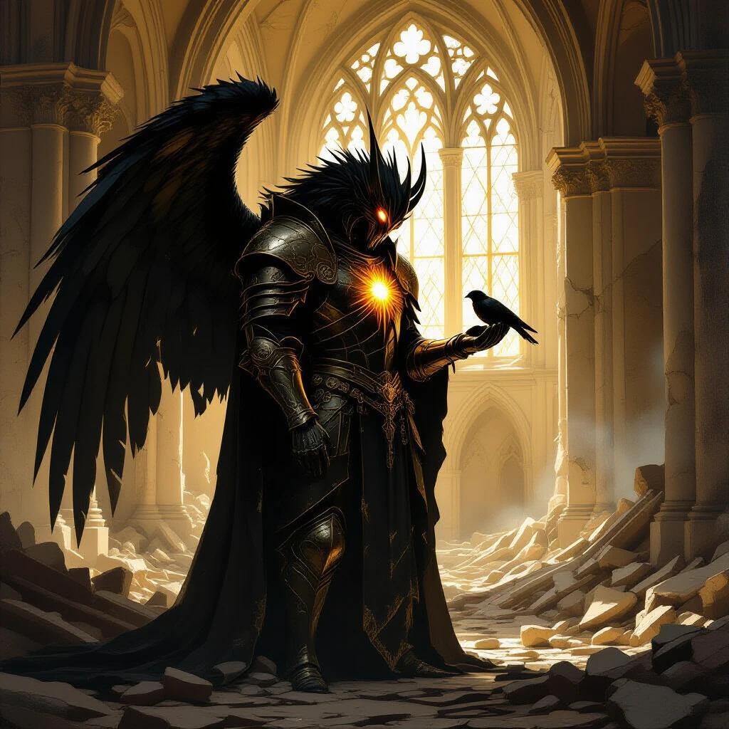 A towering beast has fractured marble wings. It stands in cathedral ruins framed by golden light. Cloaked in darkness with cracked armor. Shelters a dying bird in its palm. Features Baroque chiaroscuro lighting and classical oil painting texture.
