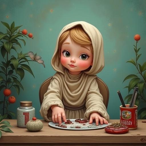 A child character with expressive eyes, wearing a beige hooded garment, seated at a table filled with artistic materials. The background features soft plants and a creative atmosphere.
