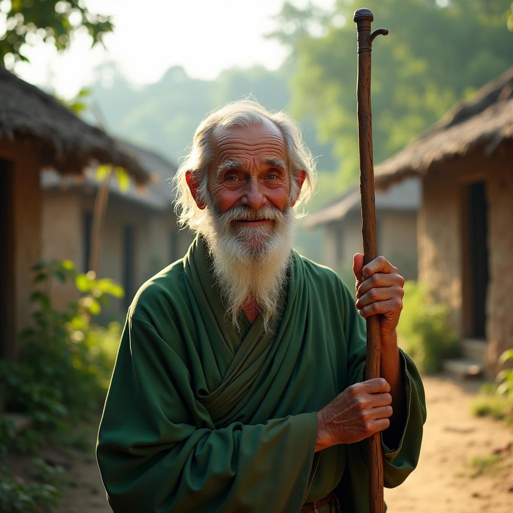 Old man with a serene smile dressed in green robes holding a stick. Stands in a village setting with simple huts and greenery. Sunlight filters through the background.