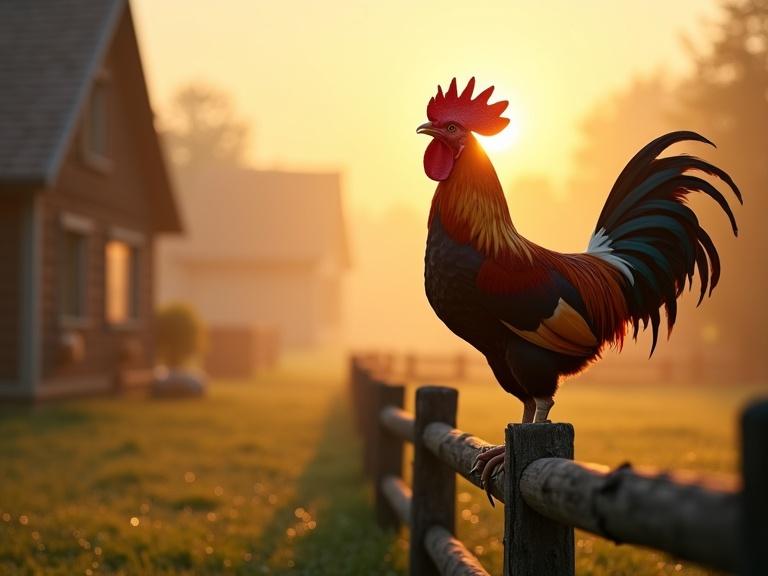 A proud rooster stands on a wooden fence. It crows loudly greeting the rising sun. Soft golden light filters through morning mist. Dewdrops sparkle on grass. Scene is realistic and captures country charm.
