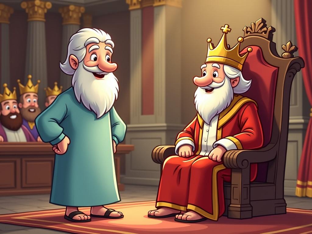 A cheerful cartoon illustration of an old man named Daniel standing confidently in the royal court room, facing the king. The court room is lavishly decorated, showcasing the king's subjects who are watching the interaction. Daniel is dressed in a simple light blue robe, which signifies his wisdom and confidence, with a happy expression on his face. The king is seated on a grand throne, adorned in royal red and gold clothing that reflects his power and authority. He gazes at Daniel with a look of happiness, highlighting the positive energy of the moment.