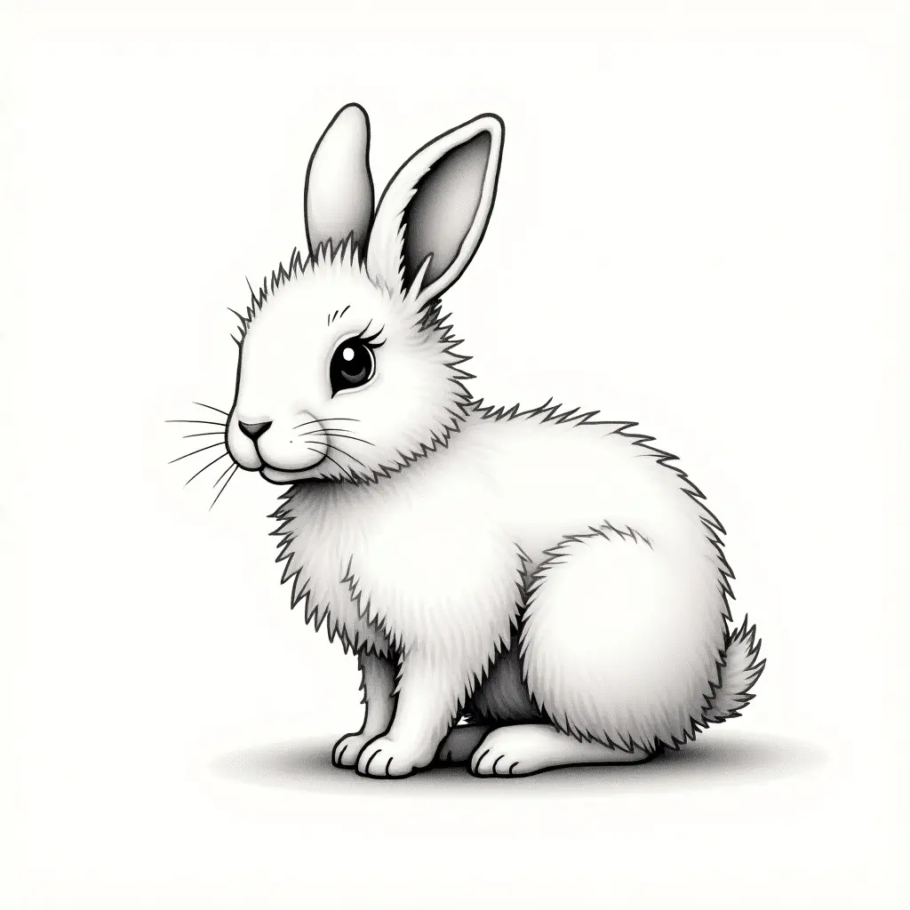 This image features a darling monoline drawing of a lionhead breed rabbit. The rabbit is depicted in a cute and cartoonish style, showcasing its fluffy fur and distinctive lionhead features. Its ears are perked up, giving it a lively expression. The overall composition is simple, focusing on the rabbit against a plain white background. This artwork is perfect for children's books, pet-related products, or as a standalone art piece.