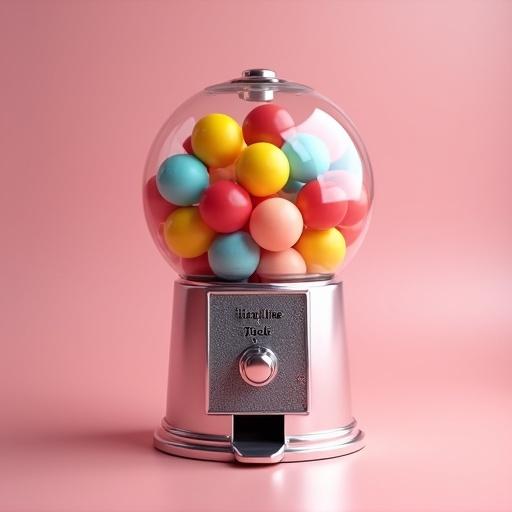 Hyper-realistic image of a gumball machine. Clean and vibrant setting. Transparent globe with colorful gumballs inside. Chrome base with clear label. Soft background and cinematic lighting.