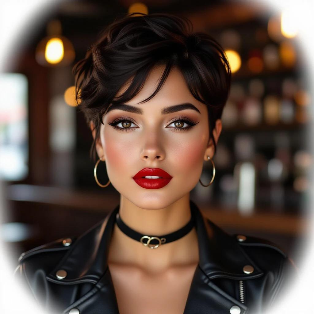 European young woman in a bar. She has a heart shaped face. Brown eyes. Black hair styled in a pixie haircut. Wearing hoop earrings. Her lips are full and red. She is dressed in a black leather jacket. A thin black choker is around her neck.