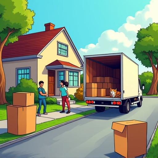 Colorful comic-style illustration shows a moving day scene in a suburban street. A small house is in the background. Several moving boxes stacked on the sidewalk and inside an open truck. People are carrying boxes to the house. A cat peeks out from a box. Bright and cheerful atmosphere with cartoonish features and bold outlines.