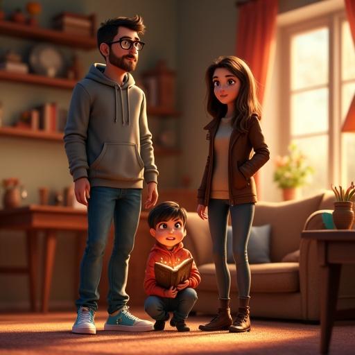 A family of four stands together in a cozy living room. The father is tall with light skin short dark brown hair wearing gray hoodie blue jeans. The mother has light skin shoulder-length chestnut brown hair wearing dark brown turtleneck sweater slim blue jeans. Their daughter has long dark brown hair wearing brown leather jacket beige T-shirt dark gray jeans. Their son kneels on the floor in red hoodie blue jeans holding a glowing journal. The room is softly lit with a couch bookshelves and a window in the background. A warm inviting atmosphere fills the scene.