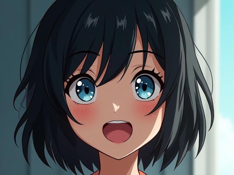 Anime girl with black hair and blue eyes. She has a captivating smile. Bright and colorful background with a hint of sky.