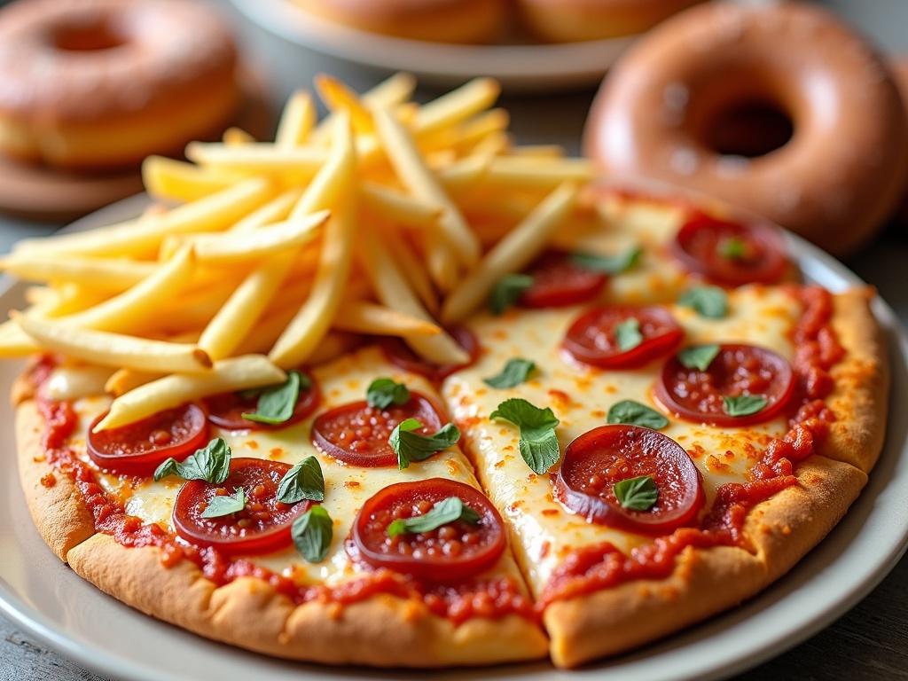 Background image featuring pizza with tomatoes and mozzarella, topped with crispy french fries. Include a couple of donuts in the background. Aspect ratio is 9:16.
