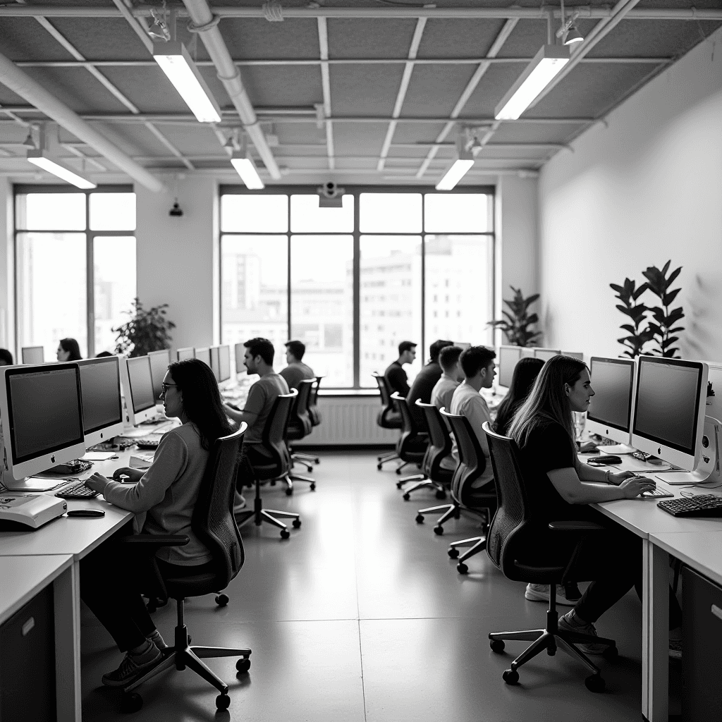 People sit in a row working on computers in a modern office.