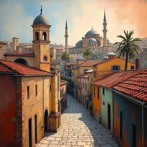 An abstract painting shows a scenic cityscape from Syria narrow alley winds through colorful houses mosque and church visible under blue sky tall minarets and dome add grandeur