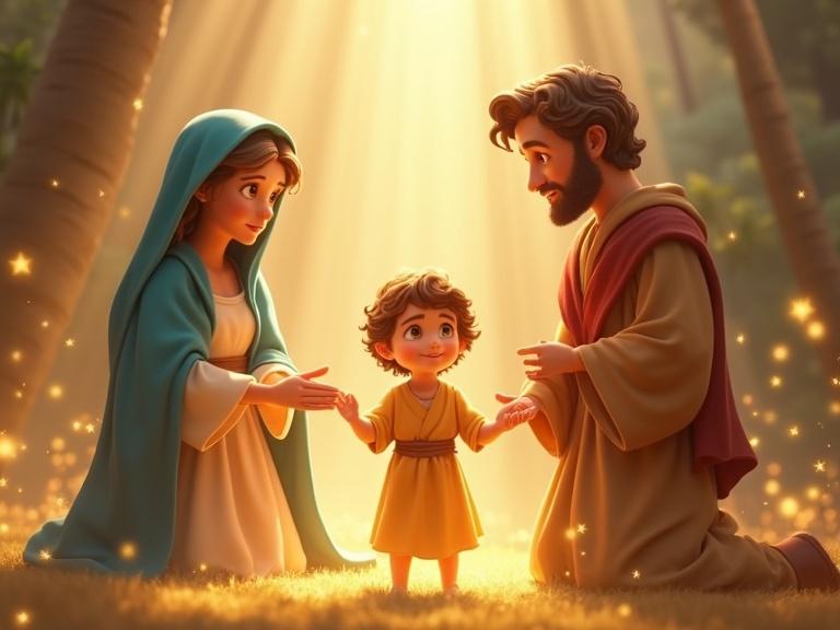 A Disney Pixar-style 3D scene in a warm, magical atmosphere. A small boy with a tender face stands in a golden light clearing. Virgin Mary with a blue mantle, gentle expression protects him. Saint Joseph smiles, holding the child's hand. Baby Jesus radiates light. The surroundings are filled with shimmering light particles, creating peace and love.