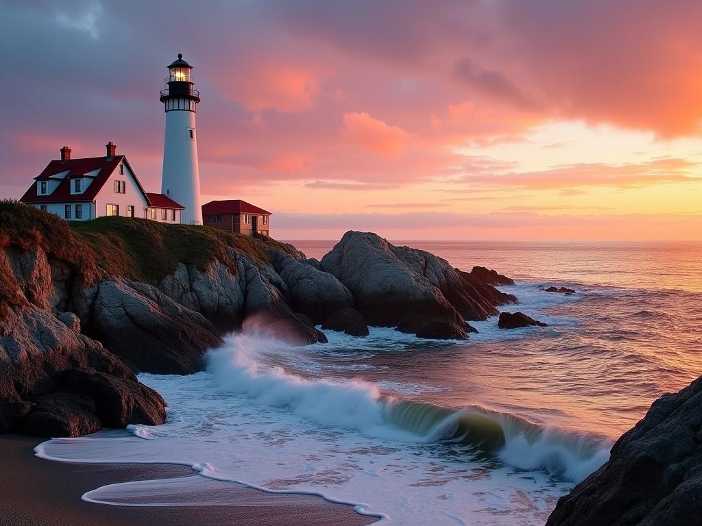 The Point Arena Lighthouse stands majestically against the backdrop of a stunning sunset. The sky is painted with vibrant shades of orange, pink, and purple, reflecting off the calm ocean waves. Below the lighthouse, rocky cliffs jut out into the sea, adding texture to the landscape. Gentle waves break against the shore, sending white foam up onto the rocks. A small house is situated next to the lighthouse, framed perfectly by the serene surroundings. The scene evokes a sense of peace and beauty, inviting viewers to imagine the stories that unfold in such a picturesque setting.