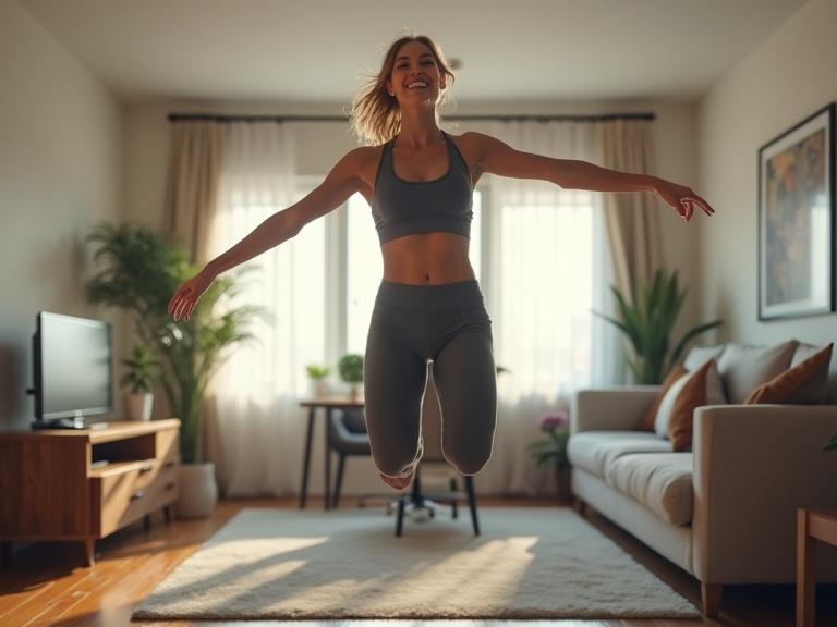 Inside a bright and cozy apartment. An athletic young woman jumps mid-air wearing workout clothes. She smiles cheerfully while taking a selfie. Natural light filters through the windows creating a warm atmosphere.