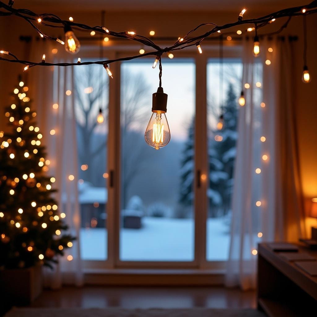 Hanging Christmas lights illuminate a cozy room. Large window shows snowy landscape outside. Soft glow from string lights creates an inviting atmosphere. Christmas tree adds a festive touch.