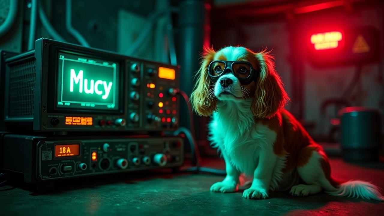 In a dark and eerie bunker, a fluffy Cavalier King Charles Spaniel sits next to a complex machine. The dog wears welding goggles, giving it a whimsical yet serious appearance. Beside the dog, oscilloscopes and multimeters show various signals, contributing to the high-tech environment. In the background, a bright red emergency alarm adds to the eerie industrial atmosphere, while illuminating the dog's expressive face. On a computer screen nearby, the word 'Mucy' is displayed in a glowing green font, enhancing the technological theme while showcasing pet companionship.