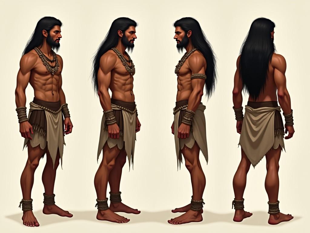 This image features a character design of an ancient warrior, presented in four angles including front, side, and back views. The young man has long hair that stops at the nape of his neck and displays a strong, muscular physique. He is clad in traditional tribal attire characterized by earthy tones and adorned with intricate jewelry. The character stands barefoot, highlighting his connection to nature and his cultural roots. The plain light background draws attention to the warrior's details and enhances the visual impact of the design.