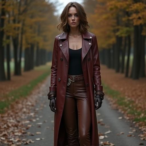 Woman in a maroon leather coat and brown leather pants standing on a road surrounded by autumn trees.