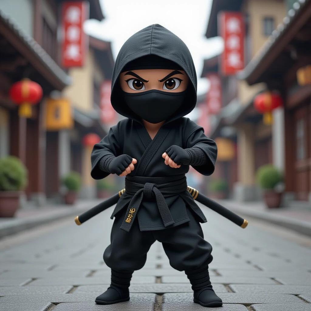 A small child wears a black ninja costume with a hood. The child poses confidently in a traditional street setting decorated with red lanterns. A toy katana is visible behind the child. The scene captures a playful ninja theme in a vibrant atmosphere.
