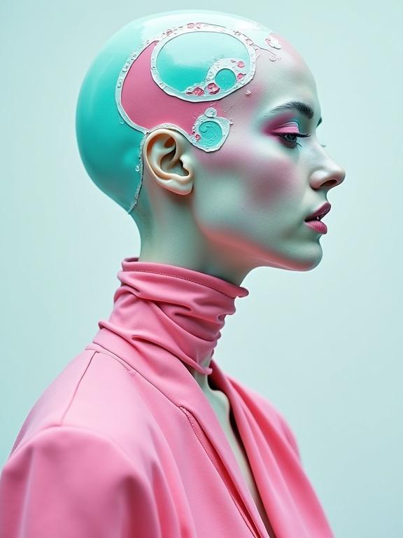 Fashion photography showcases a mannequin with vibrant turquoise and pink colors in a minimalist style. Ethereal atmosphere created through soft lighting. Abstraction without traditional human features. Emphasis on modern design techniques.