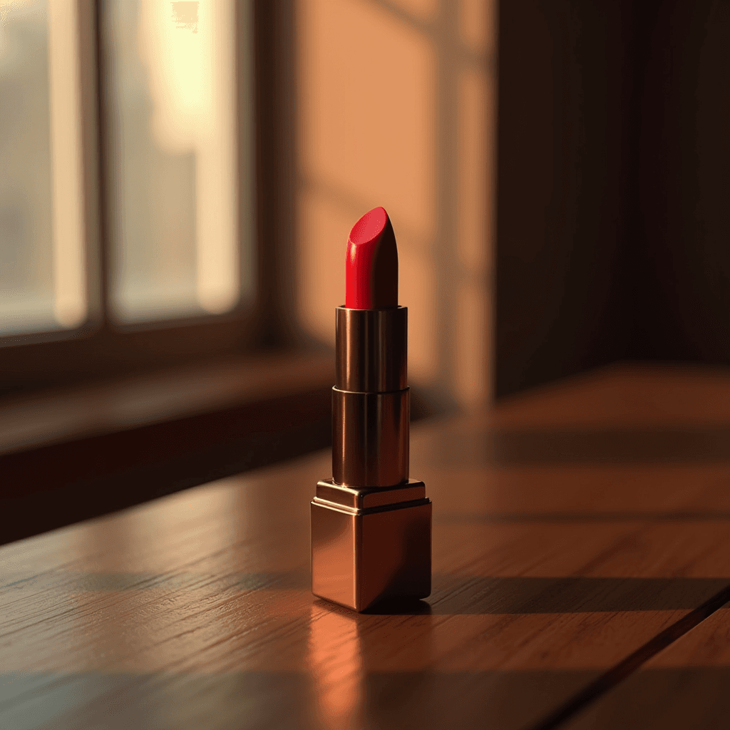 A red lipstick elegantly placed on a wooden table, illuminated by warm sunlight.