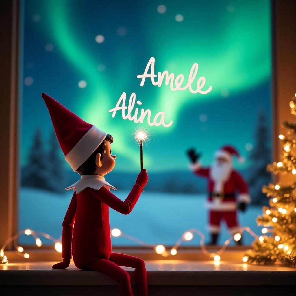 An adorable scene features an Elf on the Shelf with its back turned toward the viewer. The elf is gazing out at a breathtaking nighttime sky illuminated by the northern lights. Dressed in traditional holiday attire, the elf elegantly uses a magic wand to write the names 'Adele', ‘Amaya’, and 'Alina' in the air. Santa Claus joyfully waves in the background, adding to the sense of wonder. The scene is further enhanced by a beautifully lit Christmas tree and twinkling fairy lights, embodying the festive spirit of the season.