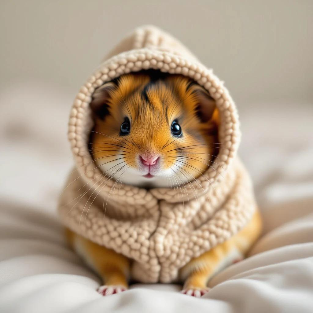 An adorable guinea pig wearing a soft beige hoodie sits on a bed. The animal has a cheerful expression and fluffy fur. The background is softly blurred to emphasize the guinea pig.