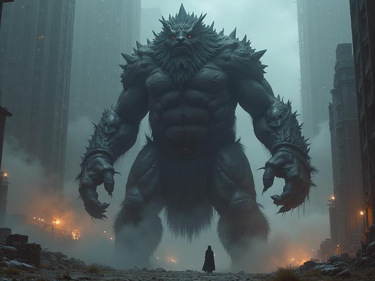Create a giant being that appears godlike and strange. It has a muscular physique, spiky details, and a menacing presence. The scene is set in a foggy, urban environment with towering buildings.