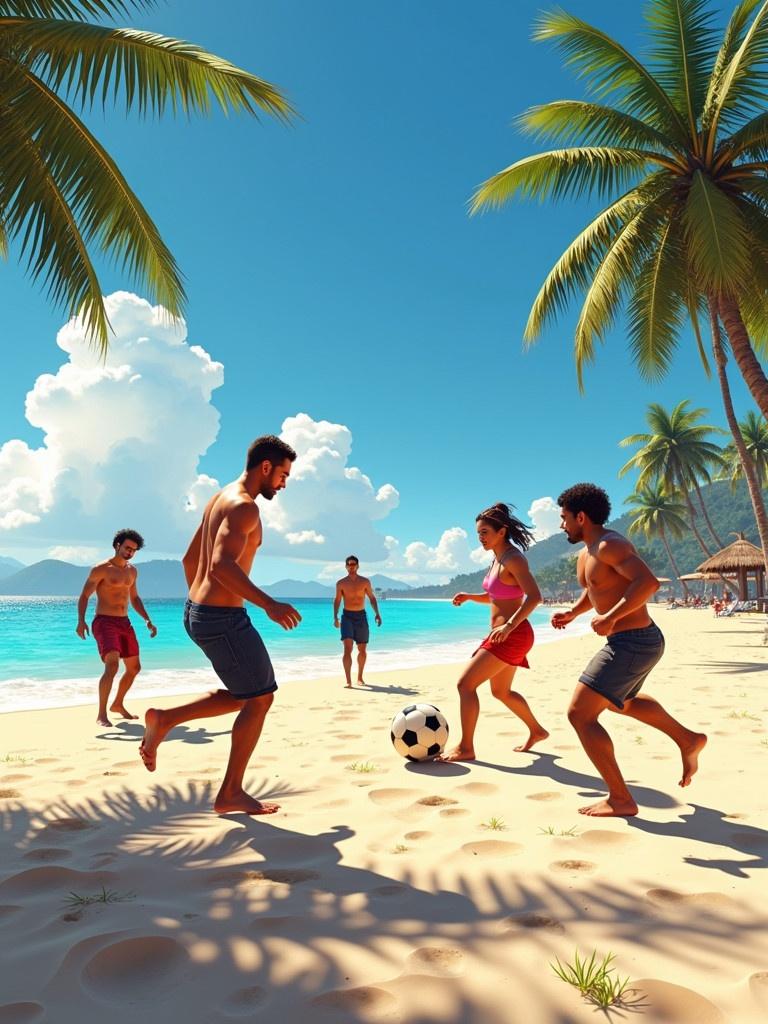 A group of friends plays soccer on a sandy beach under a clear blue sky. The beach is lined with palm trees. The sun is shining bright. The friends are enjoying their time together.