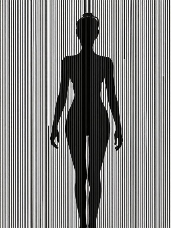 Image features female form crafted from vertical barcode stripes. Monochrome scene in black and white with barcodes in the background.
