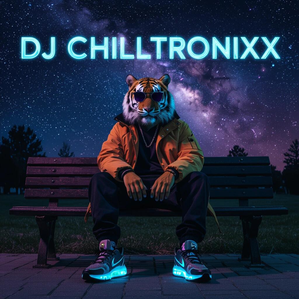Raw photo depicting a Siberian tiger person wearing stylish clothes and neon Nike Air Max 2025 runners and sunglasses. Sitting on a park bench under a dark nebula sky. Captures a dark vibe as a futuristic album cover featuring DJ Chilltronixx text.
