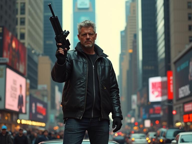A figure stands confidently on top of a car in Times Square. The figure brandishes a machine gun and wears a black leather jacket. The scene has busy city life in the background. The image has a dramatic urban atmosphere.