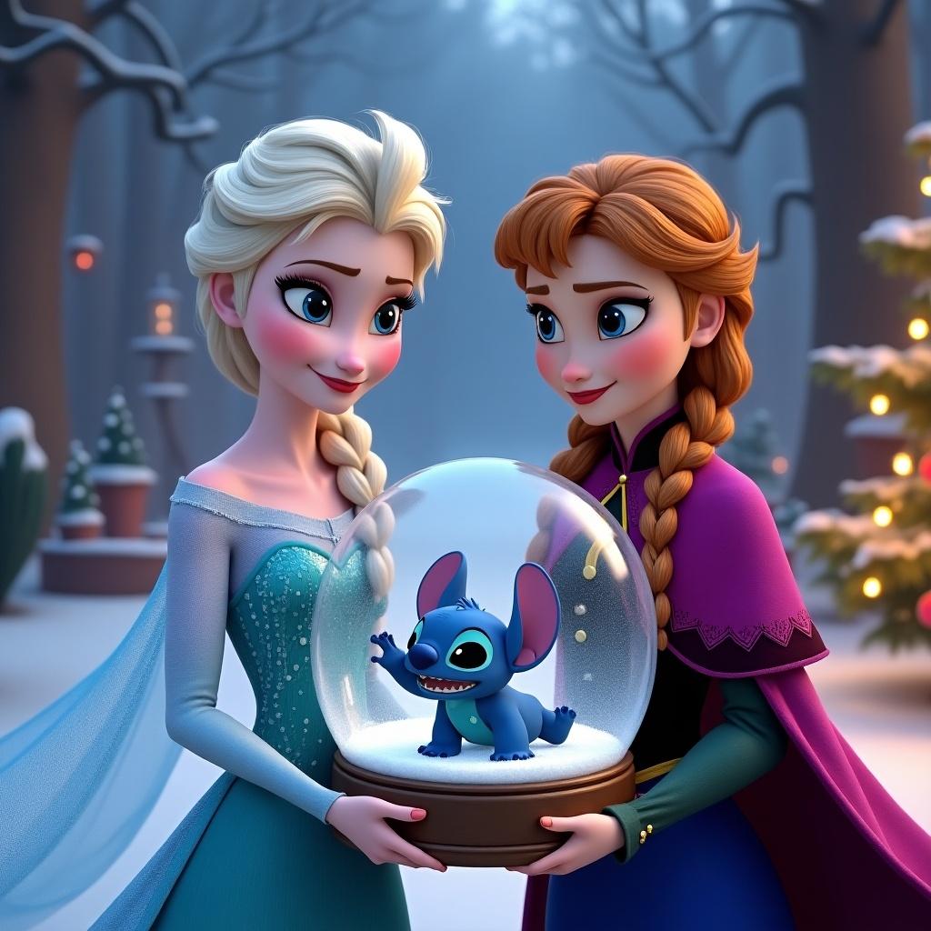 Elsa and Anna characters holding a snow globe. Background features a Christmas setting with holiday decorations. Stitch character is inside the snow globe. The scene is vibrant and festive.