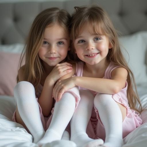 Two cute adorable little Russian girls wear white babydoll socks. They have a sleepover and are on a bed hugging. Only their arms and legs are visible. The focus is on their sweet interaction and cozy environment. The atmosphere is warm and inviting.