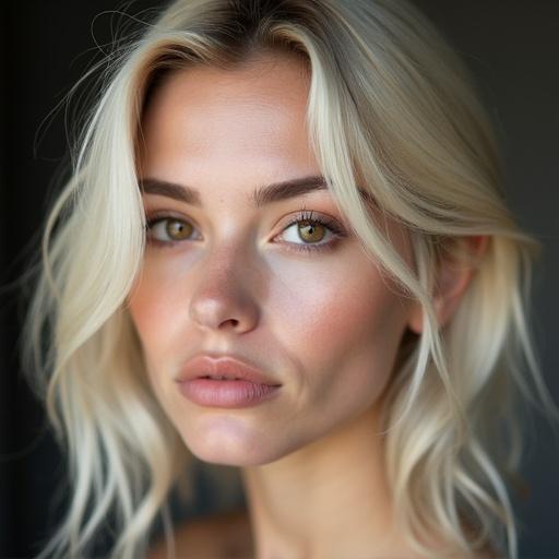 A woman with platinum blonde hair and attractive features. She has white skin and brown eyes. Soft and natural lighting enhances her face in a close-up portrait.