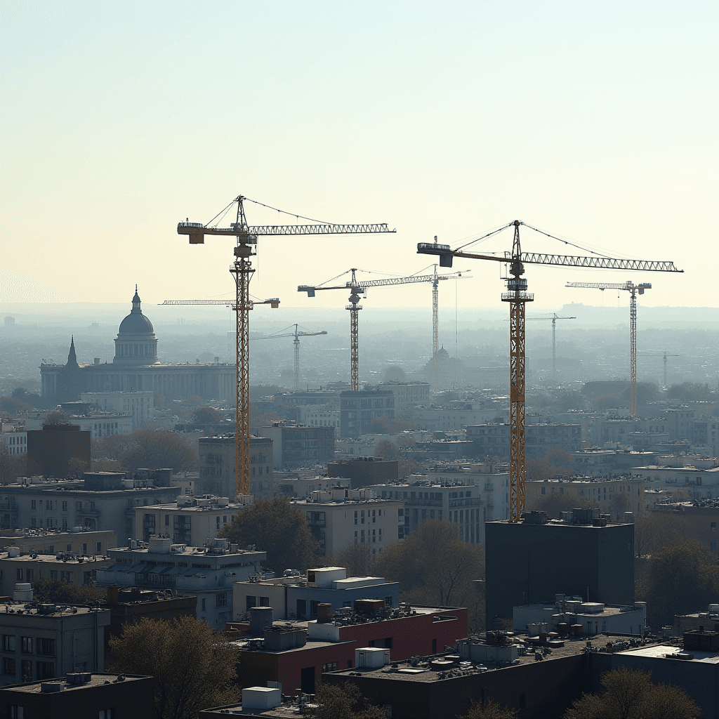 A skyline dotted with construction cranes moving silently above a bustling cityscape.