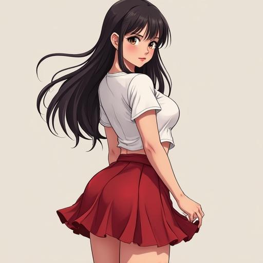 Manga style illustration of a young female character. She has long dark hair and is wearing a fitted white shirt and a short red skirt. The pose emphasizes her figure. The background is solid and neutral.