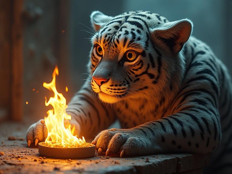 A tiger gazes intently at a small flame on a disc. The fur is white with black stripes. The scene is softly lit, emphasizing the tiger's fierce expression and the glow of the fire.