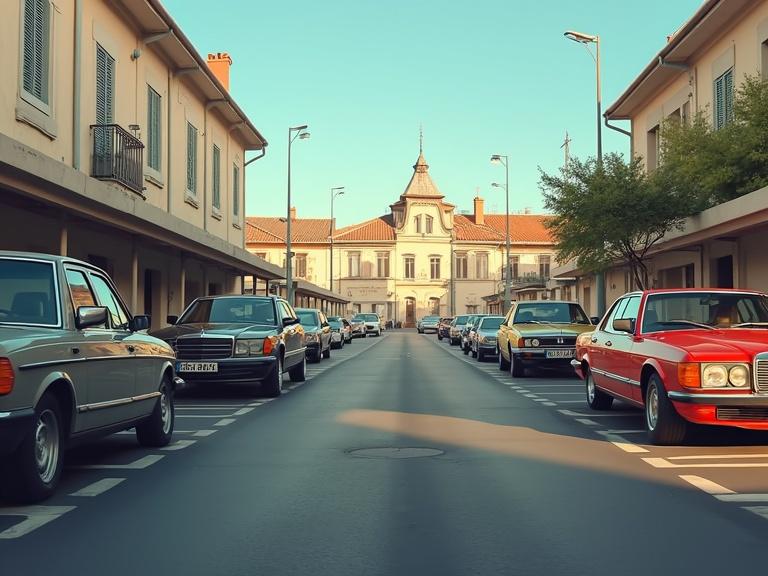 A public parking view in La Turbie France featuring parked cars on either side of the street. A large building at the end of the road serves as the backdrop.