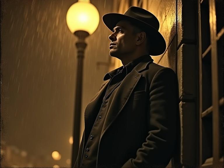 Gritty detective in a trench coat leans against a streetlight in the rain. Looking up at a window on the second floor. Aged sepia tone with cinematic film grain and torn edges.