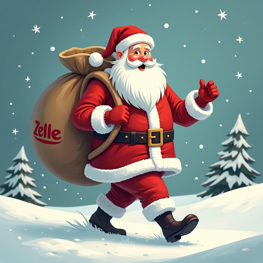 Santa Claus walking to the right while carrying a sack with the Zelle logo on it. Winter scenery with snow and trees in the background.