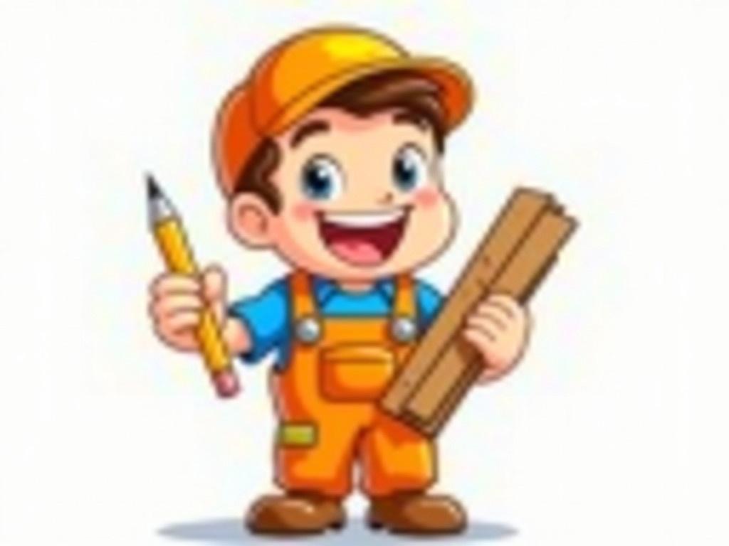 The image showcases a cheerful cartoon handyman. He is wearing bright orange overalls that are slightly baggy. His outfit includes a blue shirt underneath and a matching orange cap. He holds wooden planks in one hand and a saw in the other. A yellow pencil is tucked behind his ear, showing he is ready to take measurements. The handyman has a big smile on his face and is giving a thumbs-up with his other hand, exuding a friendly and helpful vibe.