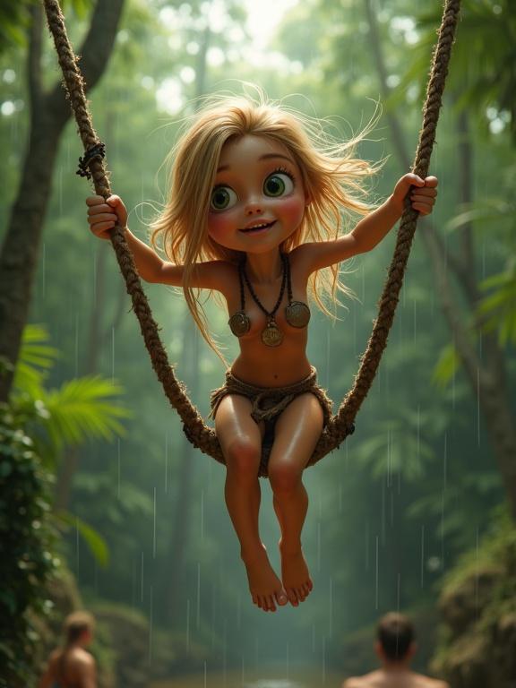 Portrait of a young blonde Slavic girl swinging in a jungle. She has long messy hair, shiny skin, and wears a tattered loincloth. Her expression shows joy as she jumps onto a swing for the first time. The background features a lush green jungle and onlookers. The scene is photorealistic with rainy weather.